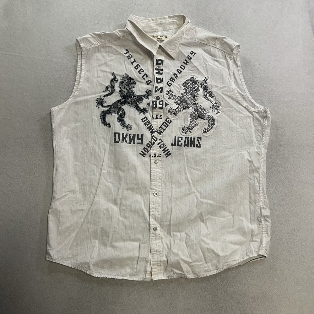 DKNY Jeans Button Up Shirt Men's Size XL White Sleeveless Silver Thread Lions